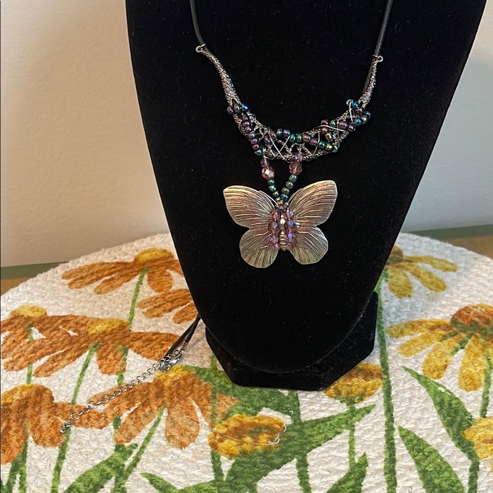 Handcrafted Oil Slick & Aurora Borealis Purple Accent Silver Butterfly Necklace - Picture 11 of 11